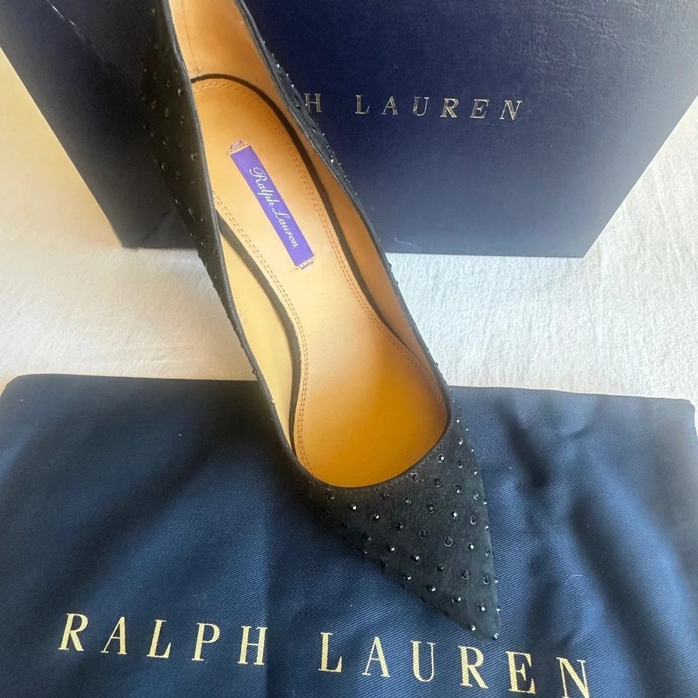 Ralph Lauren Purple Label Celia Black Suede Crystal Heel EU 40 Made in Italy New